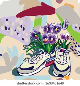 
Seamless pattern with sneakers. Multi-colored youth pattern. Abstract background.