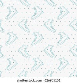 Seamless pattern with sneakers and polka dot. Delicate white and blue background with hand drawn shoes. Vector illustration.
