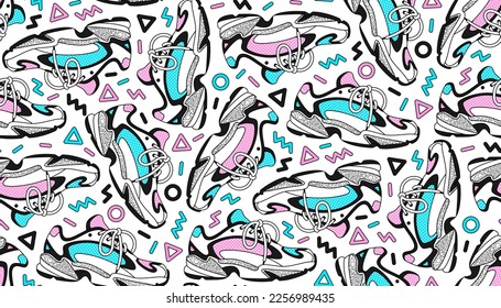 Seamless pattern with sneakers in retro Memphis style. 90s, Y2K aesthetic. Vector background in trendy neon colors