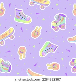 Seamless pattern with sneakers, roller skates and skateboard. 90s vibes. Retro vibes. Vector illustration.