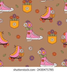 seamless pattern  with sneakers, roller skates and flowers