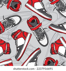 Seamless Pattern. Sneakers Shoes. Sneakers Illustration. Flat Vector Illustration. Fashion Sneakers. Pattern Backround