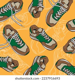 Patrón sin inconvenientes. Zapatos de zapatillas. Ilustración de Sneakers. Ilustración de vectores planos. Moda Sneakers. Fondo de patrón