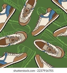 Seamless Pattern. Sneakers Shoes. Sneakers Illustration. Flat Vector Illustration. Fashion Sneakers. Pattern Backround