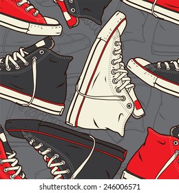Seamless pattern with sneakers Vector background.  