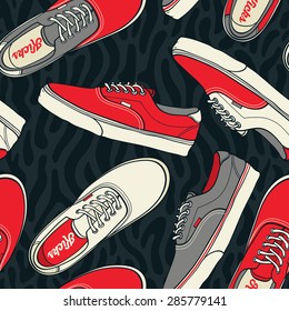 Seamless pattern with sneakers Vector background