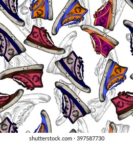 Seamless pattern with sneakers Vector background.. colored sneakers. sporty pattern.