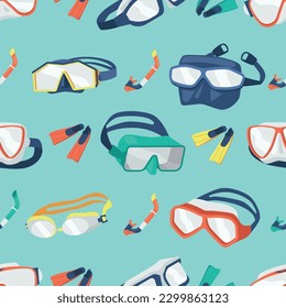 Seamless Pattern With Snorkel Masks And Flippers. Repeating Design Featuring Underwater Gear Ideal For Beach Projects