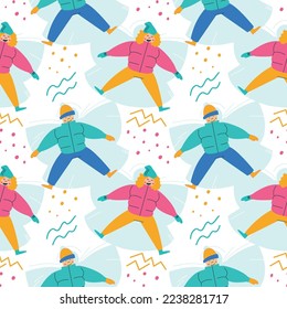 Seamless pattern with snow angels and footprints in the snow. Abstract background with dots, zigzags and wavy lines in a flat style. A girl with a guy lies on the snow, arms and legs outstretched.