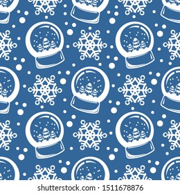 Seamless pattern with snow ball and snowflakes. Flat design. Christmas illustration. Design element for wallpaper, wrapping paper, banner or fabric.