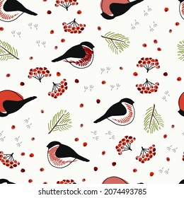 Seamless Pattern With Snow Birds, Ash Berries, Fir Tree Branches In Classic Red, Green, White, Black Colors Drawn By Hand In Doodle Cartoon Manner To Use For Fabric Or As A Background