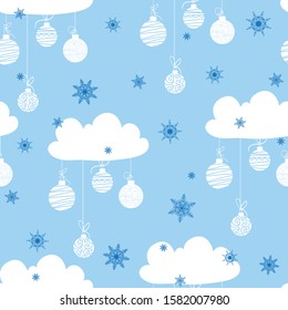 Seamless pattern with snow clouds and balls