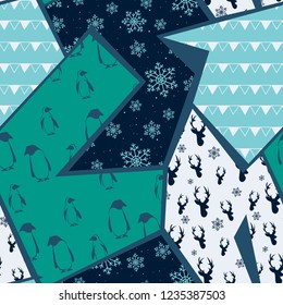 Seamless pattern with snow, deers, penguins. Christmas Geometry Vector illustration.