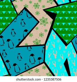 Seamless pattern with snow, deers, penguins. Christmas Geometry Vector illustration.