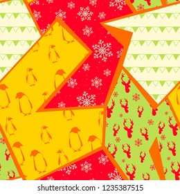 Seamless pattern with snow, deers, penguins. Christmas Geometry Vector illustration.