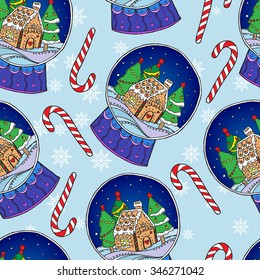Seamless pattern with snow globes and christmas candy canes. Vector illustration