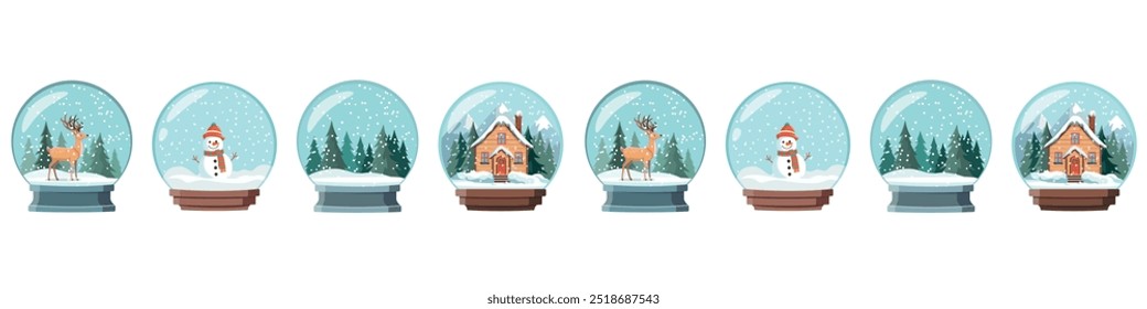 Seamless pattern with snow globes with winter scenes. Illustrations on Christmas theme. Design for winter season or Christmas.