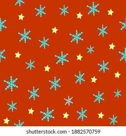 Seamless pattern with snow and hand drawn snowflakes and stars on red background,christmas and new year illustration for wrapping paper,packaging design and printing on fabric , textile, world snow
