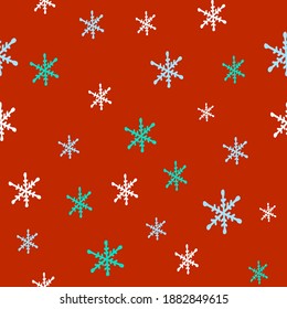 Seamless pattern with snow and hand drawn snowflakes,christmas and new year decoration,illustration for wrapping paper,packaging design,print for fabric,textile,holiday wallpaper,red background