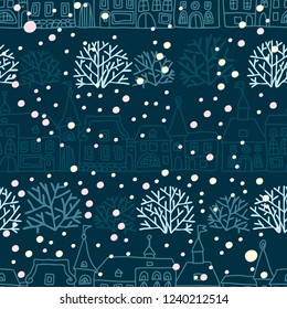 Seamless pattern with snow, houses and christmas trees. Stylized city. Cute city landscape. Winter holidays, merry christmas, new year