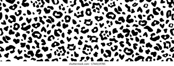 Seamless pattern of snow leopard skin pattern with little hearts. Minimal black artistic spots isolated on white background. Abstract wild fabric print. Digital motif wallpaper. Cheetah modern poster