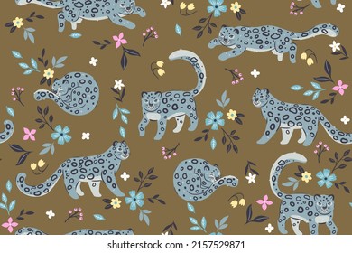 Seamless pattern with snow leopards and flowers. Vector graphics.