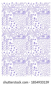 Seamless pattern with snow, rain, trees, clouds, eye and mountains. 