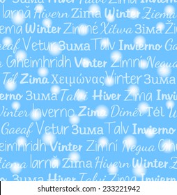Seamless pattern with snow and word "Winter" in the languages of Europe