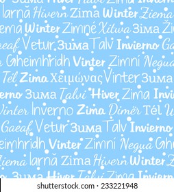Seamless pattern with snow and word "Winter" in the languages of Europe