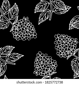 Patrón sin foco con rama de arbusto de bola de nieve, anillos, hoja. Planta de Viburnum. Vector dibujado a mano.