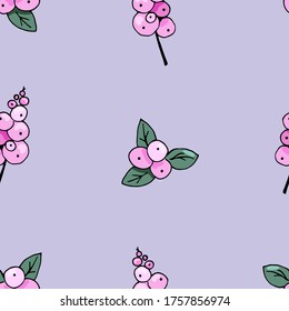 Seamless pattern Snowberry with pink berries on a blue background. Vector illustration for textile, announcements, postcards, invitations, posters, banners, fabric, paper.
