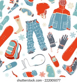 Seamless pattern of snowboard gear. Vector necessary equipment on white background. Template for your winter design.