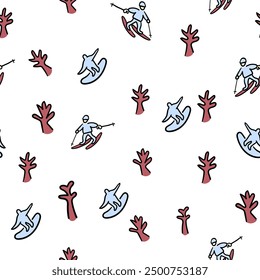 Nahtloses Muster mit Snowboard und Skigebiet im Doodle-Stil. Design für Hintergründe, Textil, Stoff, Druck, Tapete, Verpackung