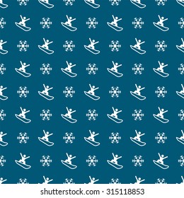 seamless pattern with snowboard and snowflakes