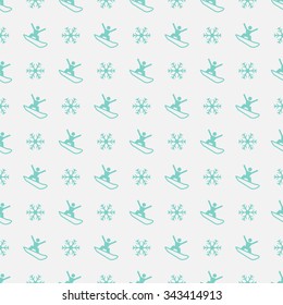 Seamless pattern with snowboard and snowflakes.