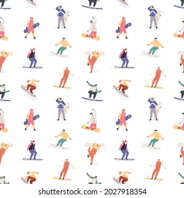Seamless pattern with snowboarders on white background. Happy people riding snowboards in winter. Endless repeatable design with characters on snow boards. Flat vector illustration for printing