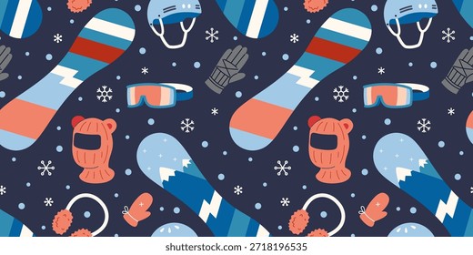 Seamless pattern with snowboarding equipment and winter accessories for extreme sport and outdoor leisure. Trendy vector illustration on a dark blue background, hand drawn, flat design