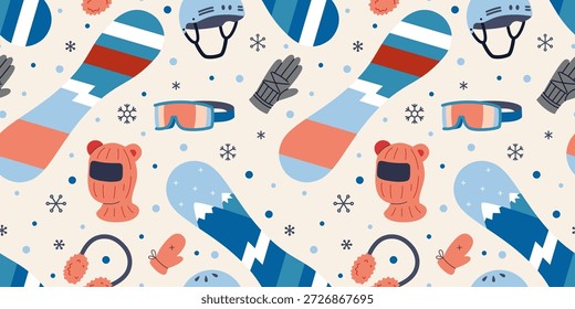 Nahtloses Muster mit Snowboardausrüstung und Winterzubehör für Extremsport und Outdoor-Freizeit. Trendige Vektorgrafik auf hellem Hintergrund, handgezeichnet, flaches Design