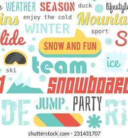 Seamless pattern with snowboarding stuff and words, white version. Flat style: seamless pattern on snowboarding and skiing theme. Snowboarding template for design. Snowboarding vector pattern