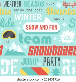 Seamless pattern with snowboarding stuff and words, colored version. Flat style: seamless pattern on snowboarding and skiing theme. Snowboarding template for design. Snowboarding vector pattern