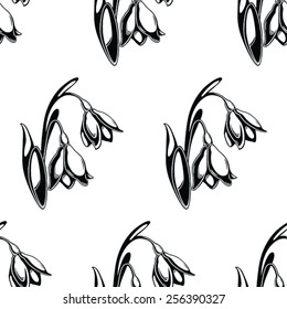 Seamless pattern with snowdrop flowers in black and white on white background. Flower pattern for wedding invitation, greeting cards, gift warp.