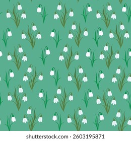 Seamless pattern with snowdrop flowers on green background. Springtime blooming nature. Vector illustration. Suitable for backgrounds, textile, wrappings.