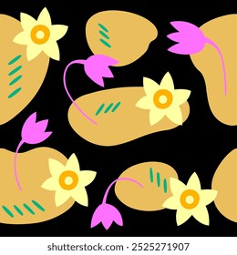 Seamless pattern snowdrops flower on dark background. Print for wallpaper textile wrappaper.