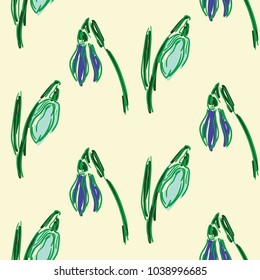 Seamless pattern with snowdrops. Hand drawn spring sketches flowers. Vector seamless pattern with different snowdrop flowers and green leaves on a colorful background. 