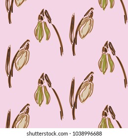 Seamless pattern with snowdrops. Hand drawn spring sketches flowers. Vector seamless pattern with different snowdrop flowers and green leaves on a colorful background. 