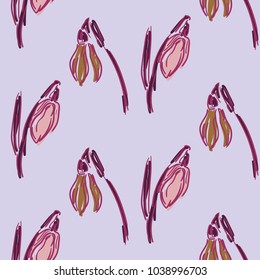 Seamless pattern with snowdrops. Hand drawn spring sketches flowers. Vector seamless pattern with different snowdrop flowers and green leaves on a colorful background. 