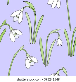 Seamless pattern with snowdrops. Hand drawn spring sketches flowers. Vector Illustration