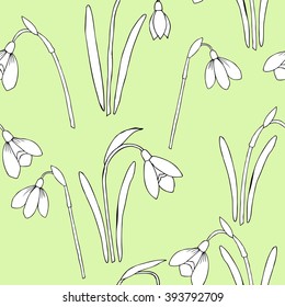 Seamless pattern with snowdrops. Hand drawn spring sketches flowers. Vector Illustration