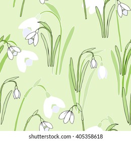 Seamless pattern with snowdrops. Hand drawn spring sketches flowers. Vector Illustration