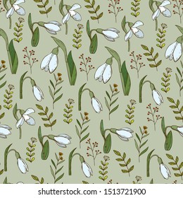 Seamless pattern with snowdrops and herbs. Hand Drawn flowers for invitation, wedding or postcard. EPS 10 vector illustration.